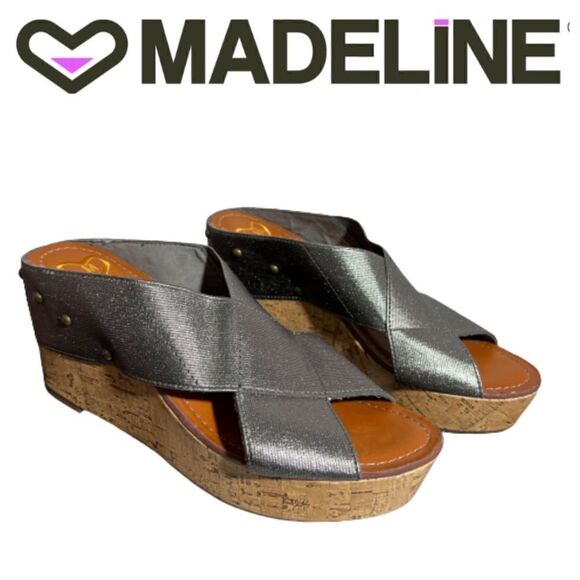 Madeline Adonis silver cross strap brass studded cork heels - 8M‎ - Picture 2 of 11